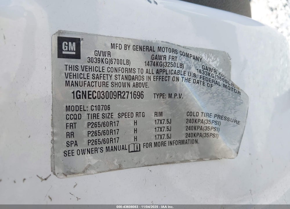 2009 CHEVROLET TAHOE POLICE VIN: 1GNEC03009R271696