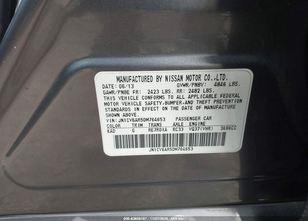 2013 INFINITI G37X VIN: JN1CV6AR5DM764653