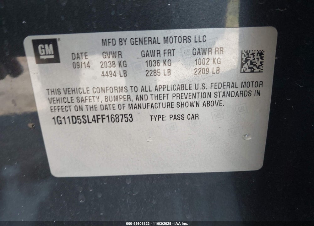 2015 CHEVROLET MALIBU 2LT VIN: 1G11D5SL4FF168753