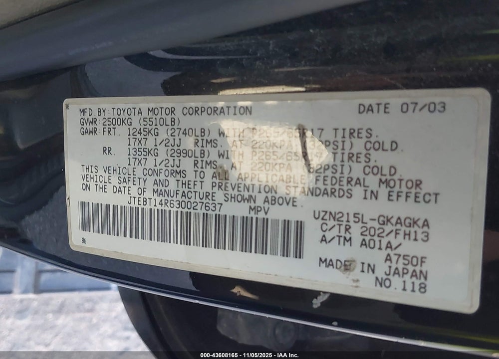 2003 TOYOTA 4RUNNER SR5 SPORT V8 VIN: JTEBT14R630027637