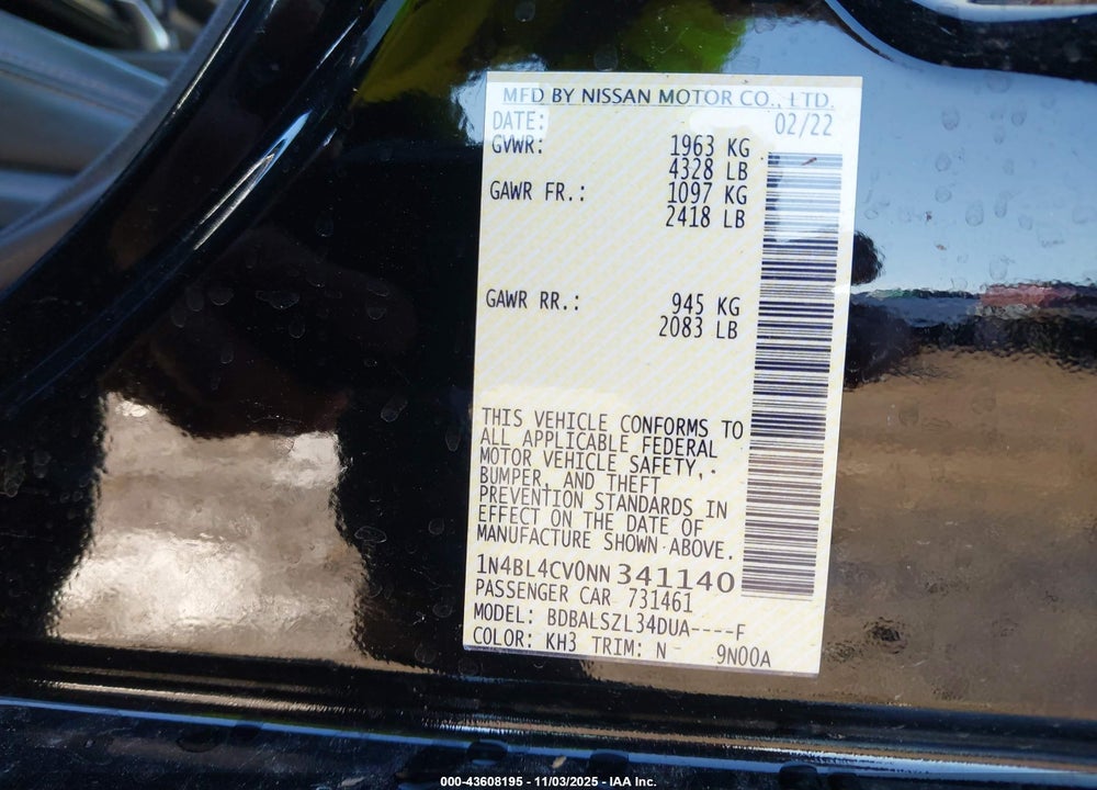 2022 NISSAN ALTIMA SR FWD VIN: 1N4BL4CV0NN341140