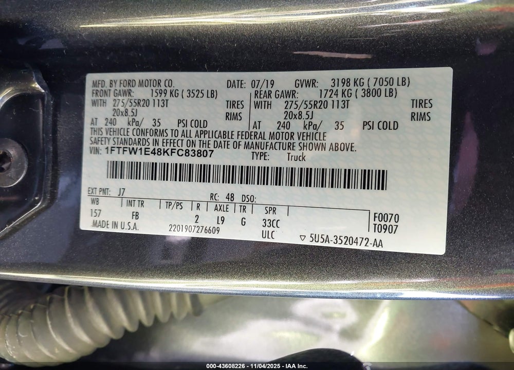 2019 FORD F-150 XLT VIN: 1FTFW1E48KFC83807