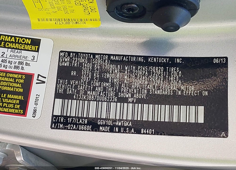 2013 TOYOTA VENZA XLE V6 VIN: 4T3ZK3BB7DU062336