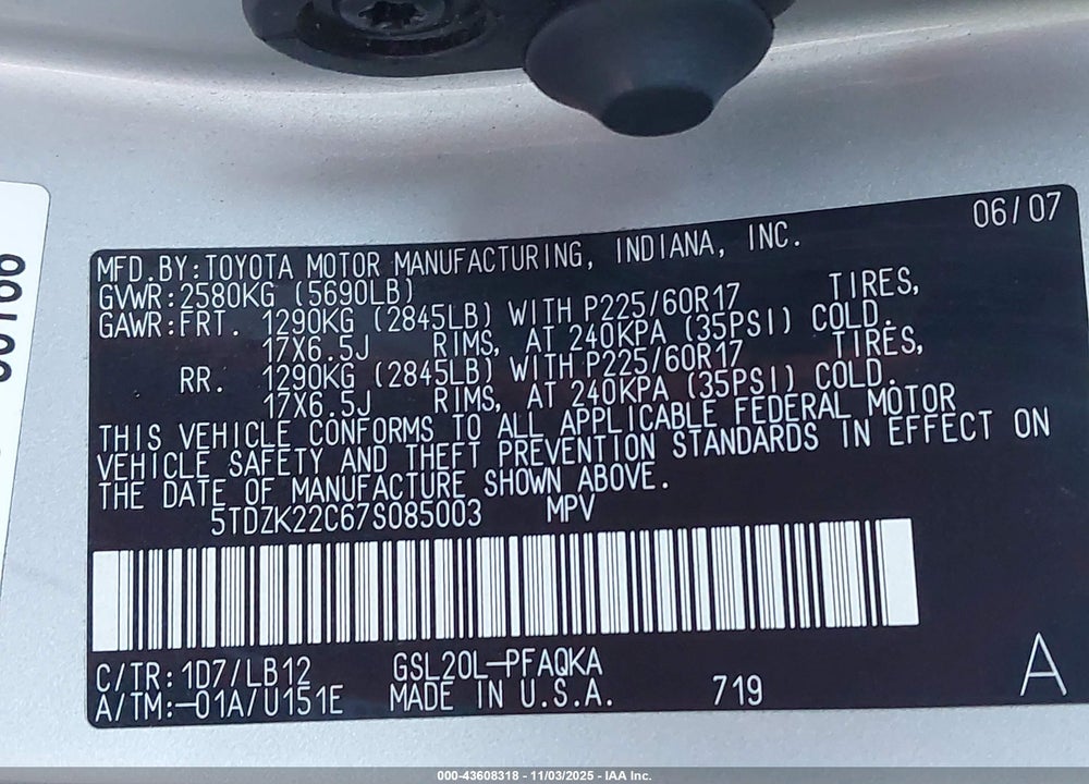 2007 TOYOTA SIENNA XLE VIN: 5TDZK22C67S085003