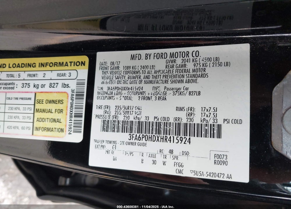 2017 FORD FUSION SE VIN: 3FA6P0HDXHR415924