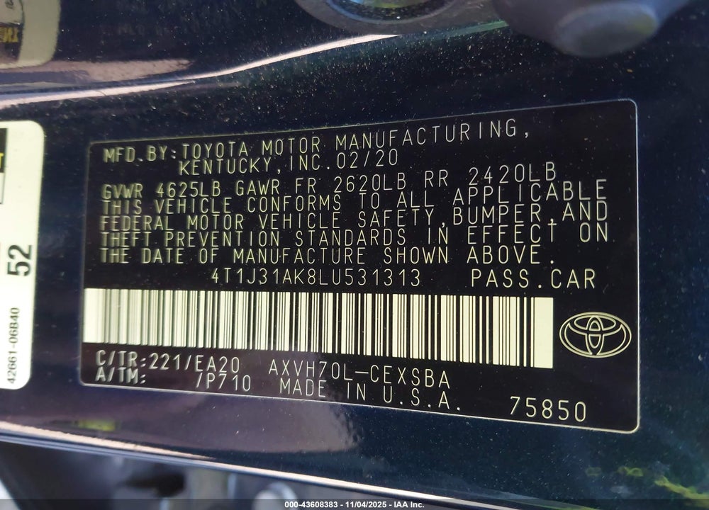 2020 TOYOTA CAMRY VIN: 4T1J31AK8LU531313