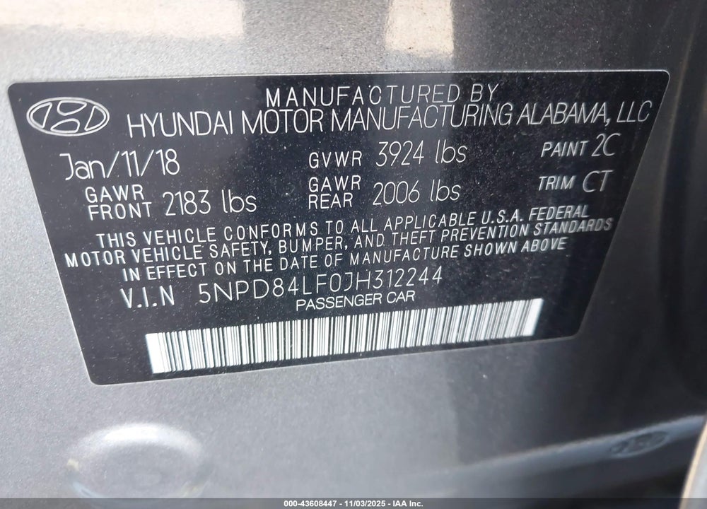 2018 HYUNDAI ELANTRA VIN: 5NPD84LF0JH312244