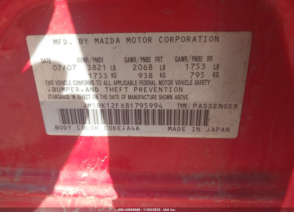 2008 MAZDA 3 I SPORT VIN: JM1BK12FX81795994