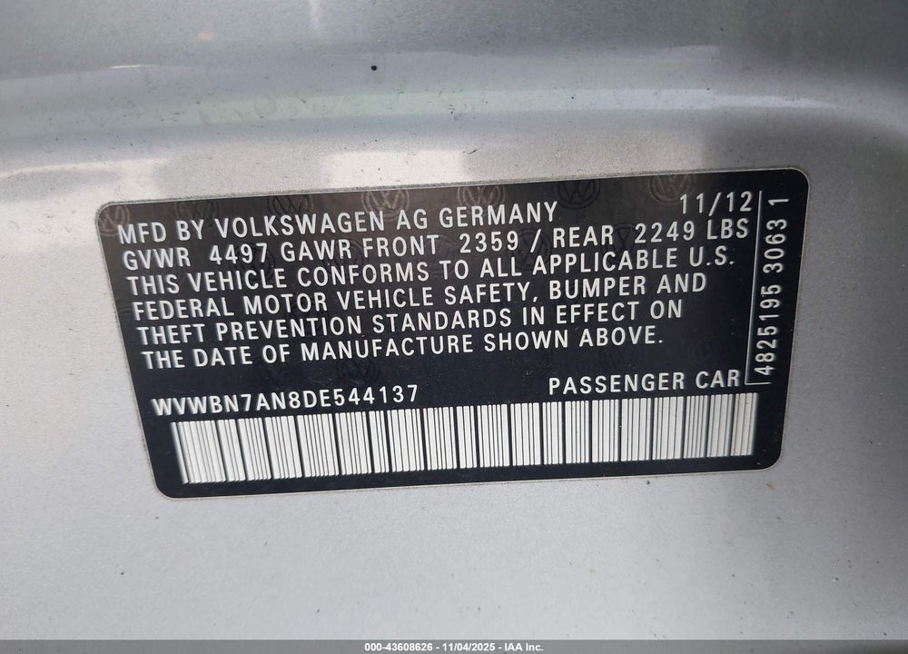 2013 VOLKSWAGEN CC 2.0T SPORT VIN: WVWBN7AN8DE544137