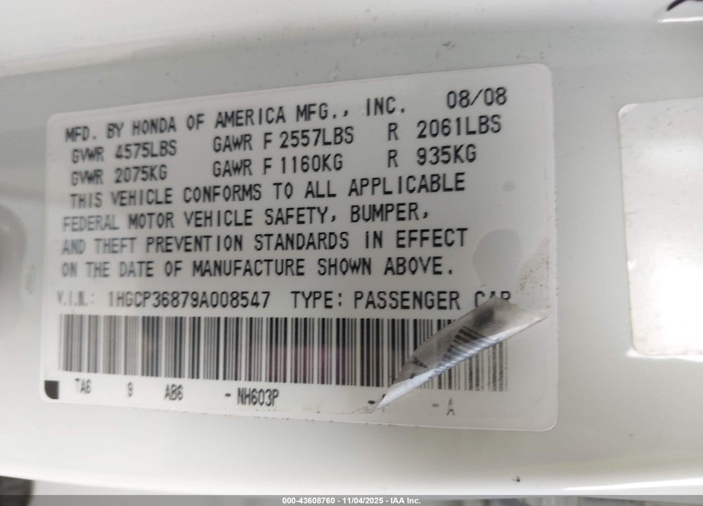 2009 HONDA ACCORD VIN: 1HGCP36879A008547