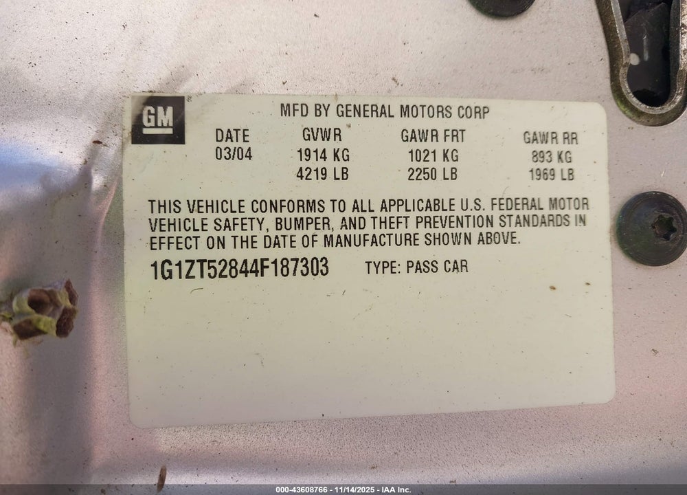 2004 CHEVROLET MALIBU LS VIN: 1G1ZT52844F187303