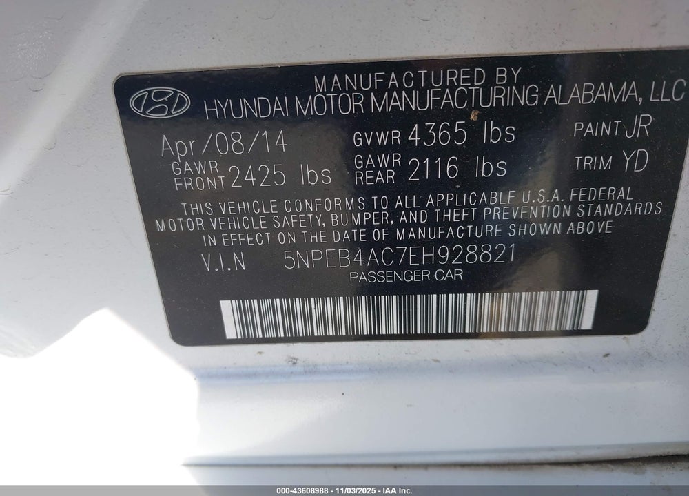 2014 HYUNDAI SONATA GLS VIN: 5NPEB4AC7EH928821