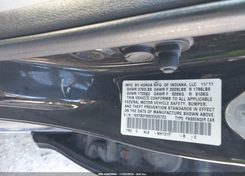 2012 HONDA CIVIC EX VIN: 19XFB2F88CE025723