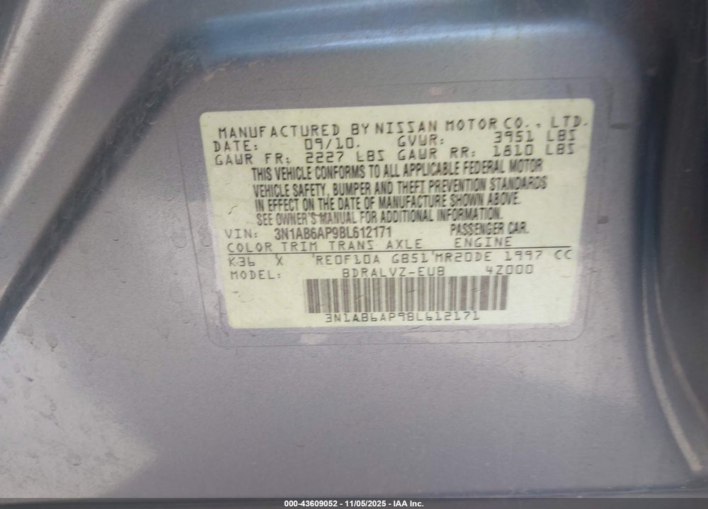 2011 NISSAN SENTRA 2.0SL VIN: 3N1AB6AP9BL612171