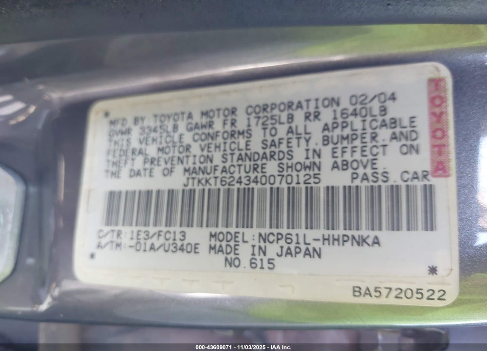 2004 SCION XA VIN: JTKKT624340070125