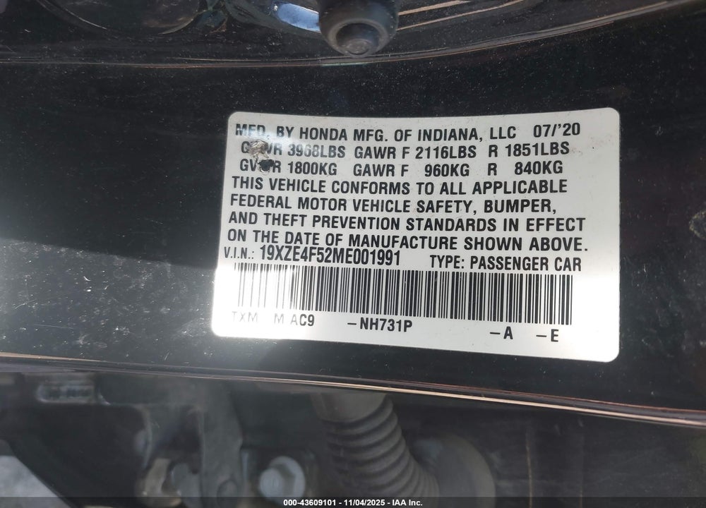 2021 HONDA INSIGHT EX VIN: 19XZE4F52ME001991