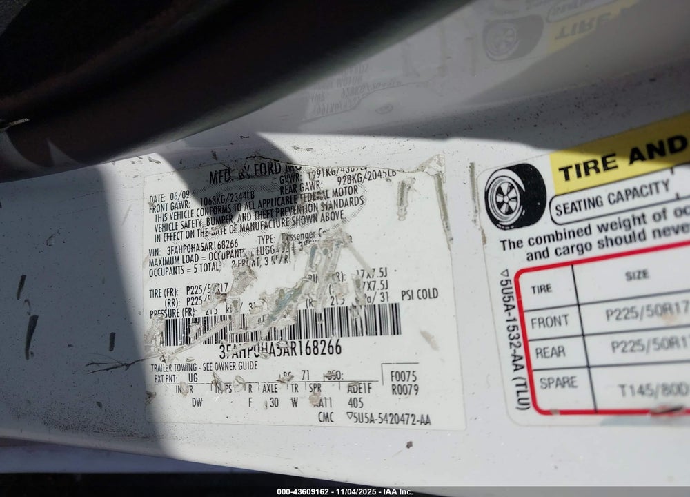 2010 FORD FUSION SE VIN: 3FAHP0HA5AR168266