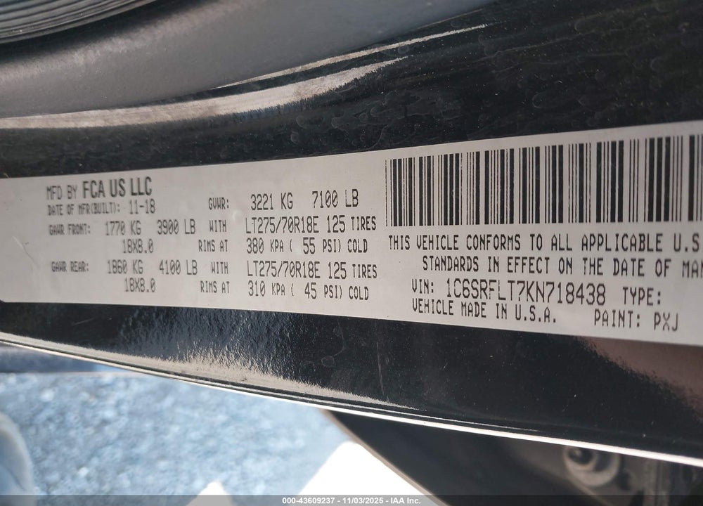 2019 RAM 1500 REBEL 4X4 5'7 BOX VIN: 1C6SRFLT7KN718438