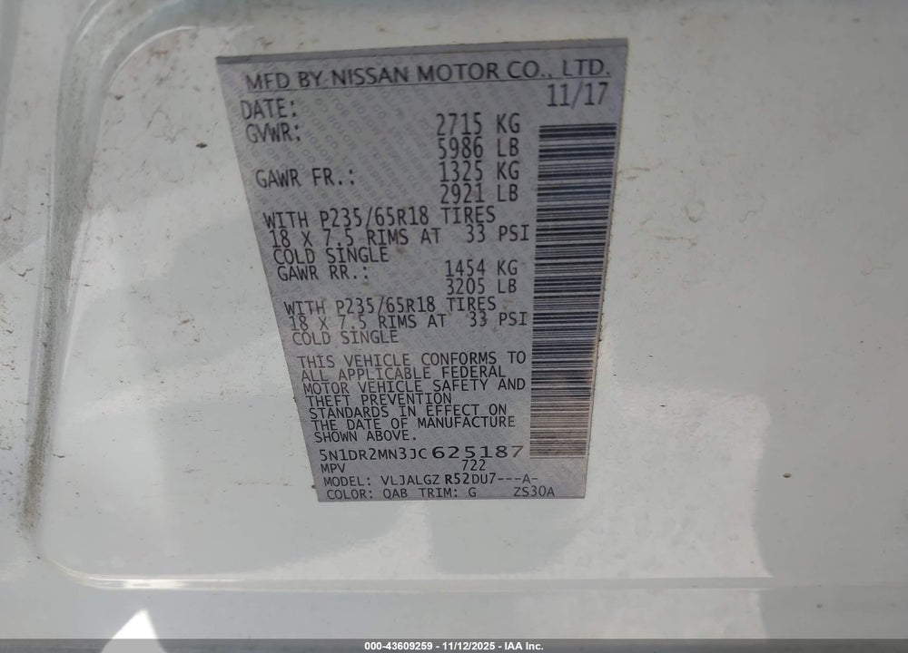2018 NISSAN PATHFINDER SL VIN: 5N1DR2MN3JC625187