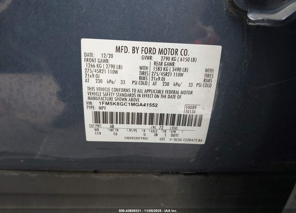 2021 FORD EXPLORER VIN: 1FM5K8GC1MGA41552