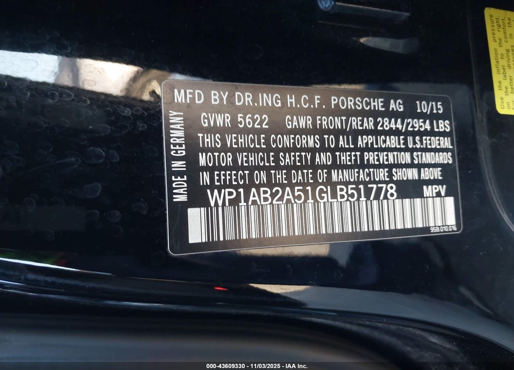 2016 PORSCHE MACAN VIN: WP1AB2A51GLB51778