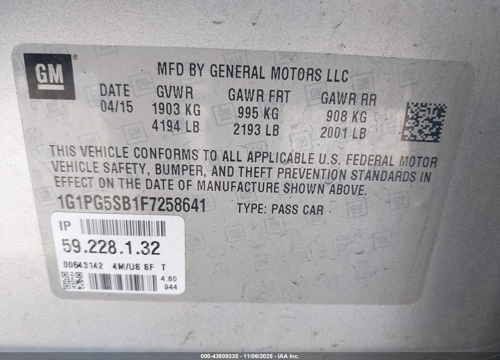 2015 CHEVROLET CRUZE LTZ VIN: 1G1PG5SB1F7258641