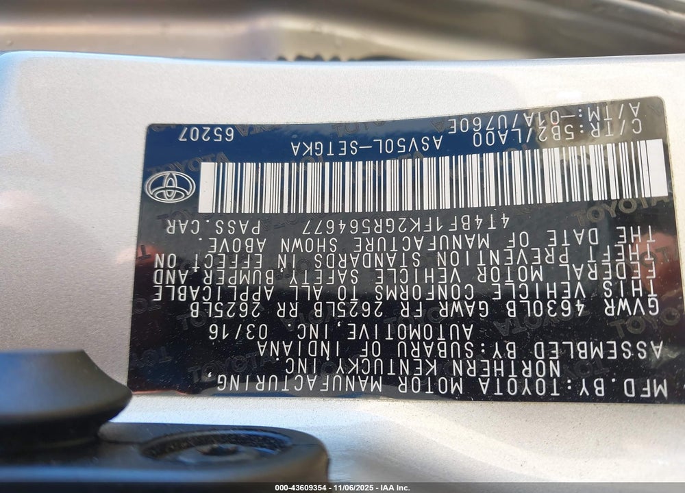 2016 TOYOTA CAMRY VIN: 4T4BF1FK2GR564677