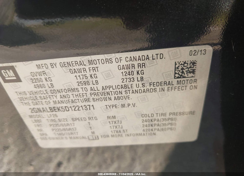 2013 CHEVROLET EQUINOX LS VIN: 2GNALBEK5D1221371