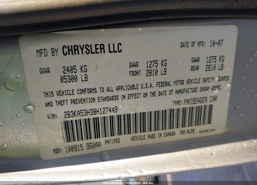 2008 DODGE CHARGER R/T VIN: 2B3KA53H38H127449