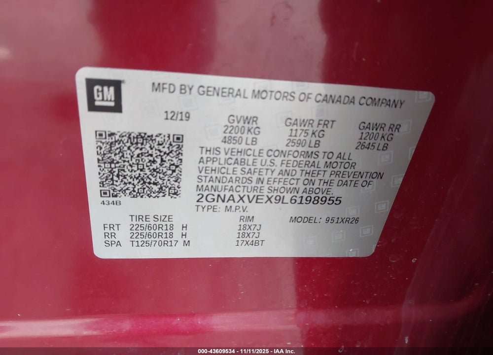 2020 CHEVROLET EQUINOX VIN: 2GNAXVEX9L6198955