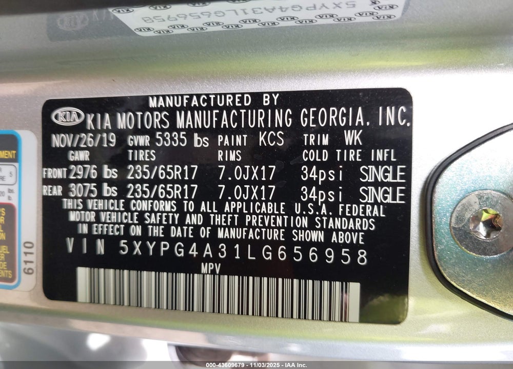 2020 KIA SORENTO 2.4L L VIN: 5XYPG4A31LG656958