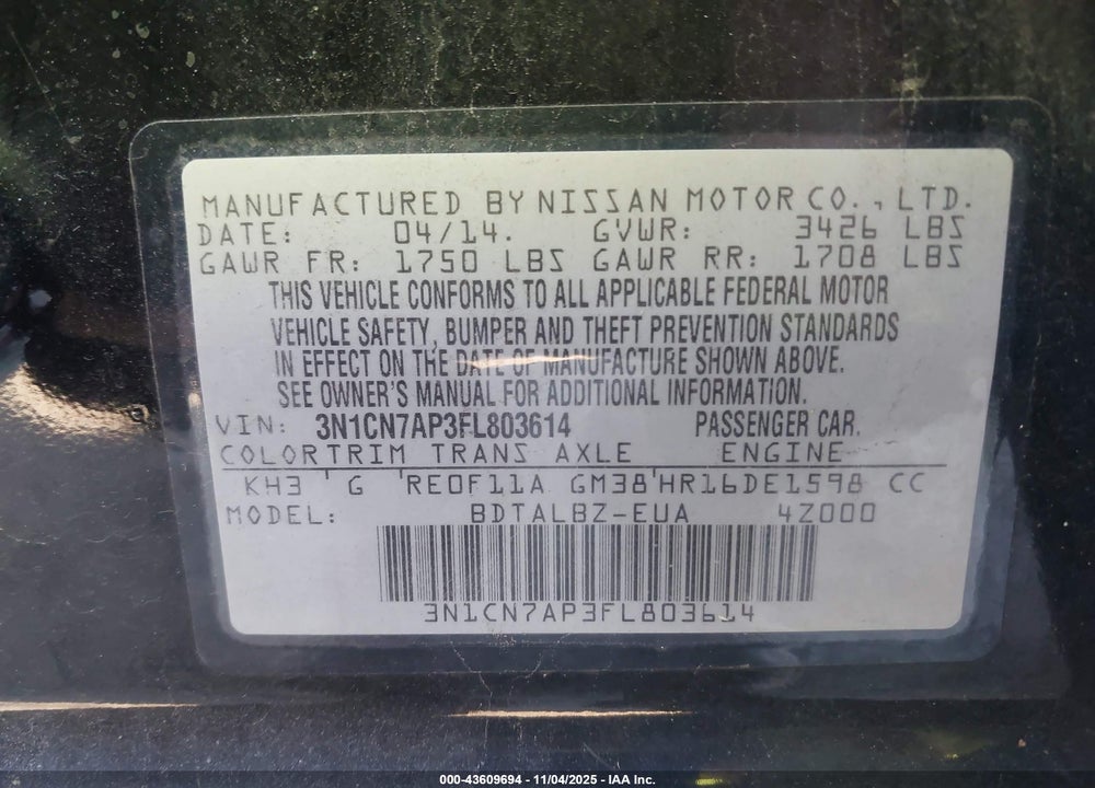 2015 NISSAN VERSA VIN: 3N1CN7AP3FL803614