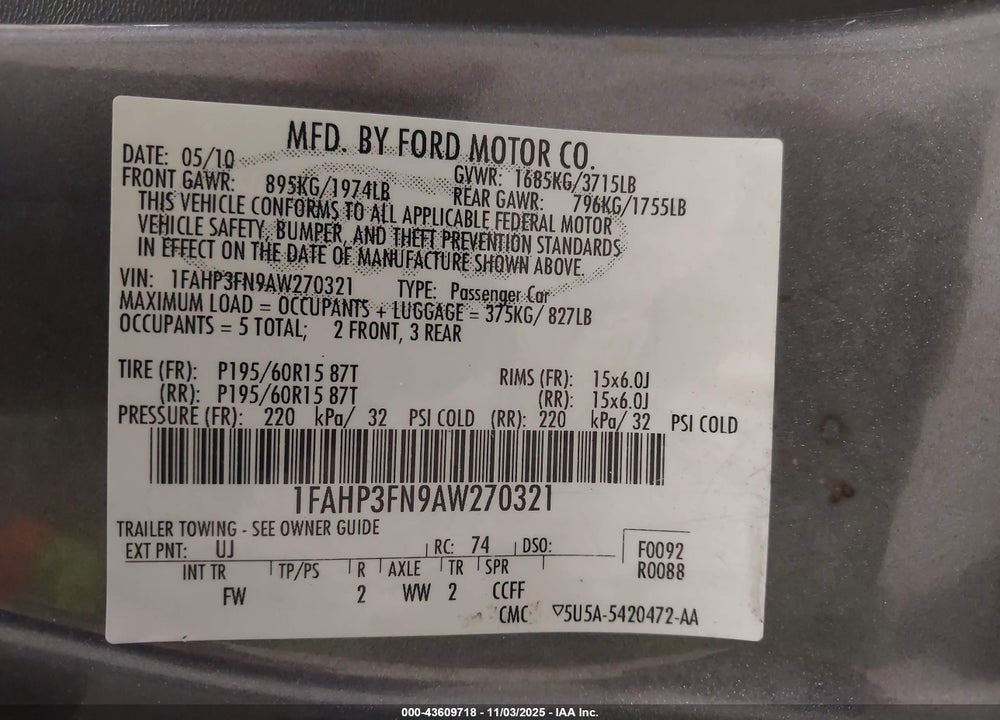 2010 FORD FOCUS SE VIN: 1FAHP3FN9AW270321
