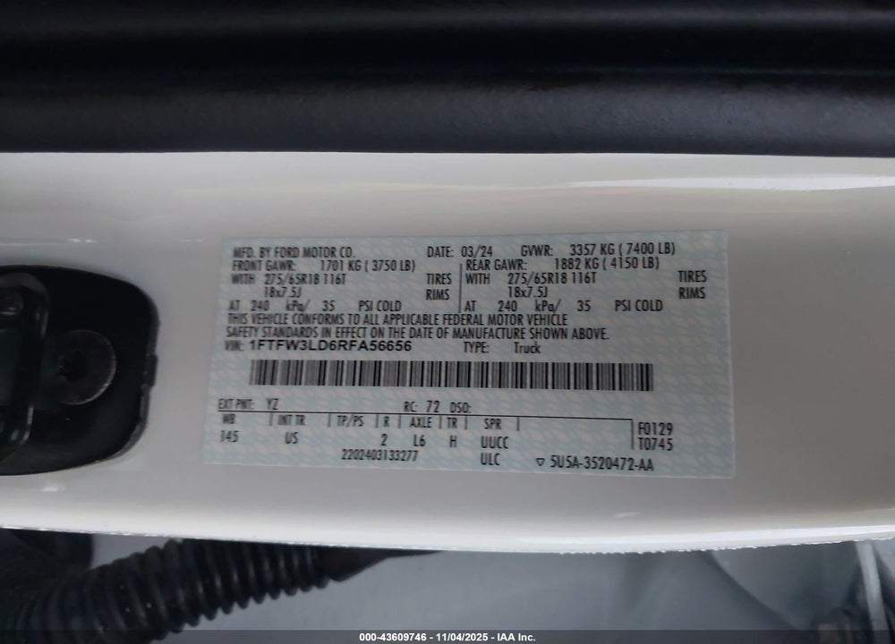 2024 FORD F-150 VIN: 1FTFW3LD6RFA56656