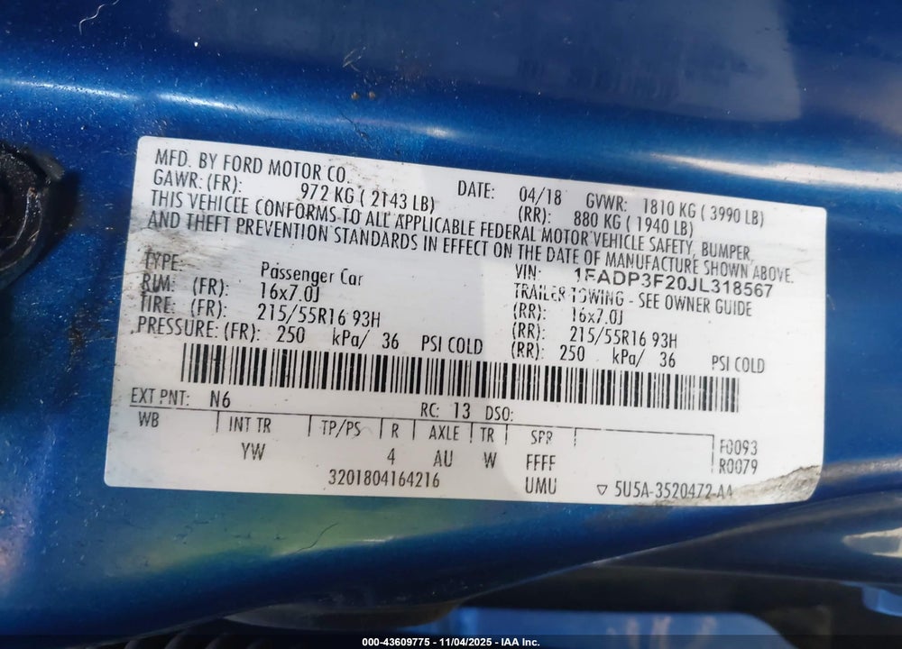 2018 FORD FOCUS VIN: 1FADP3F20JL318567