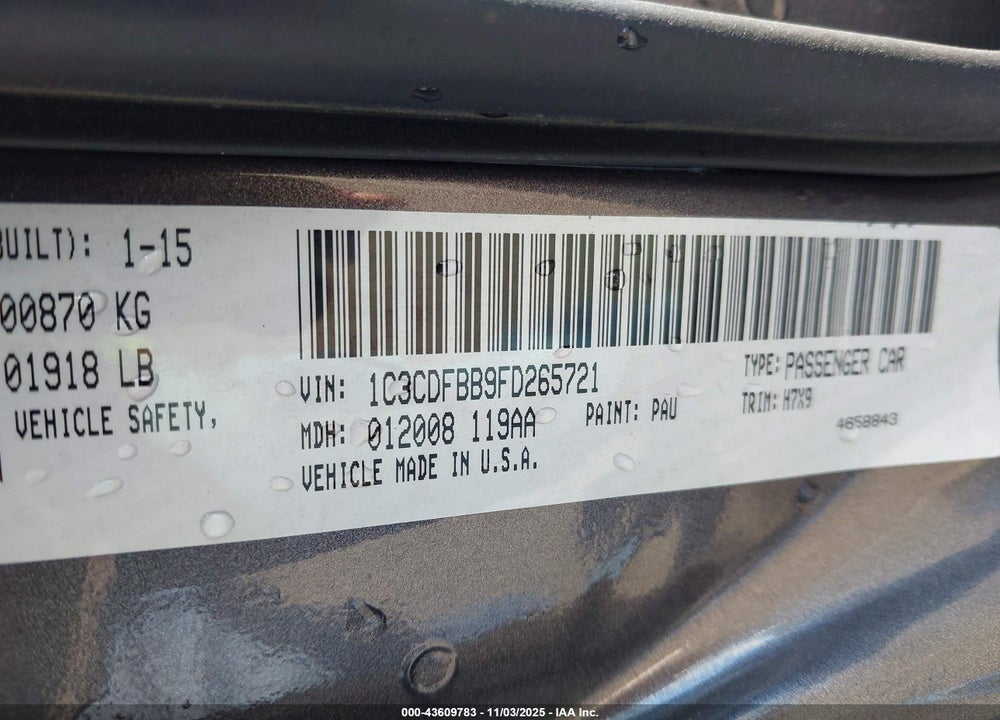 2015 DODGE DART SXT VIN: 1C3CDFBB9FD265721