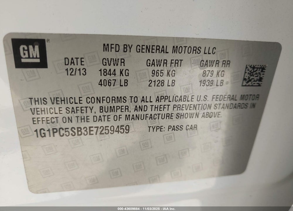 2014 CHEVROLET CRUZE 1LT AUTO VIN: 1G1PC5SB3E7259459