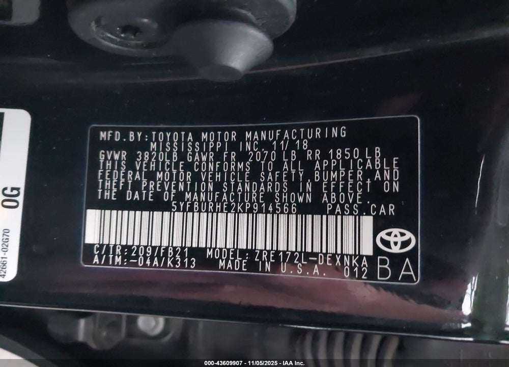 2019 TOYOTA COROLLA LE VIN: 5YFBURHE2KP914566