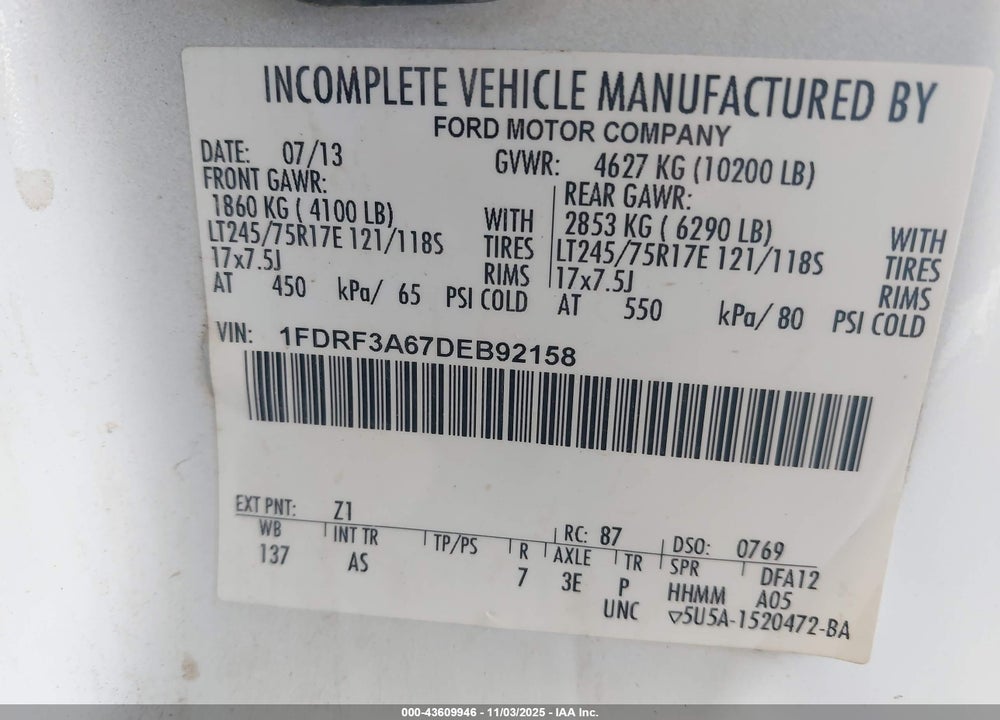 2013 FORD F-350 XL VIN: 1FDRF3A67DEB92158