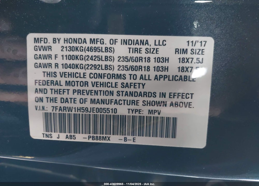 2018 HONDA CR-V EX VIN: 7FARW1H59JE005510