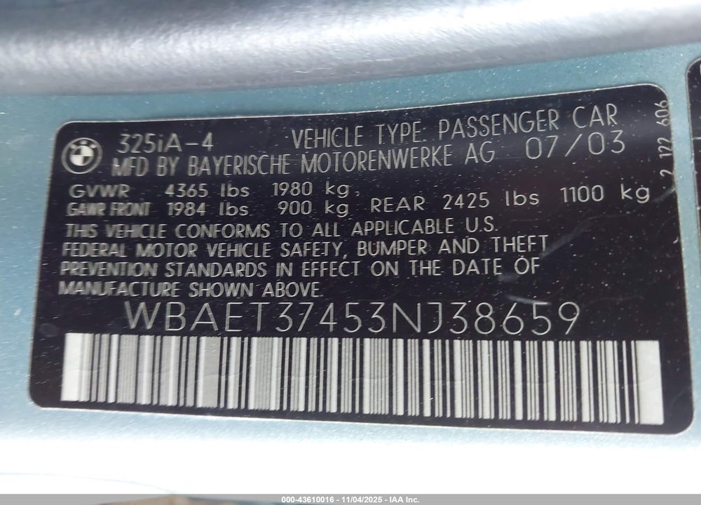 2003 BMW 325I VIN: WBAET37453NJ38659