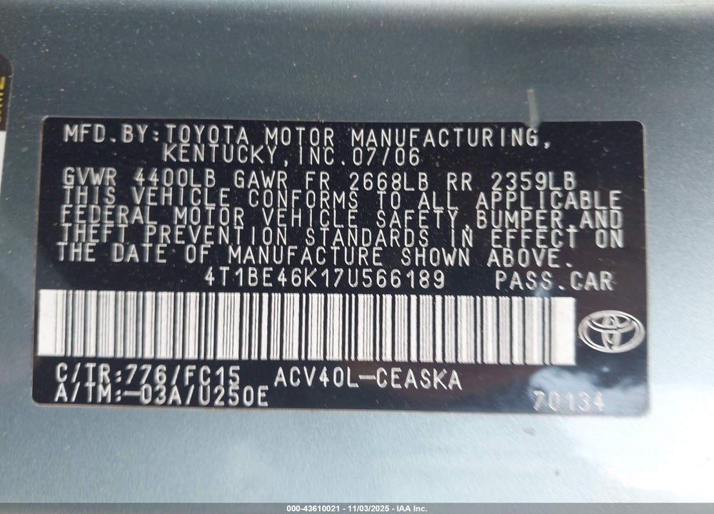 2007 TOYOTA CAMRY SE VIN: 4T1BE46K17U566189