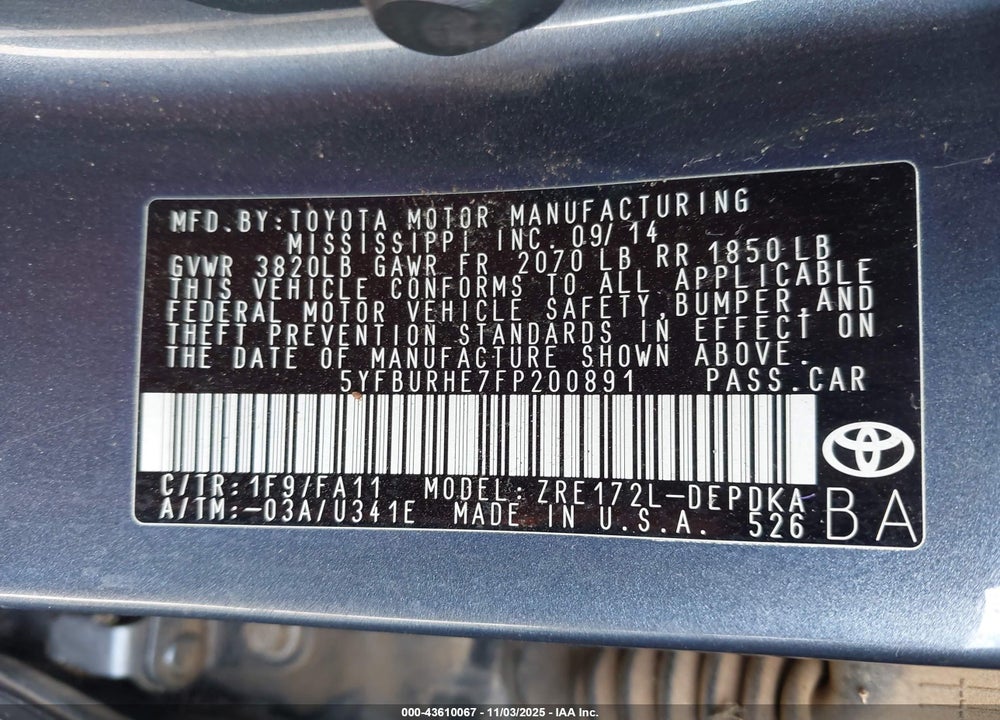 2015 TOYOTA COROLLA L VIN: 5YFBURHE7FP200891