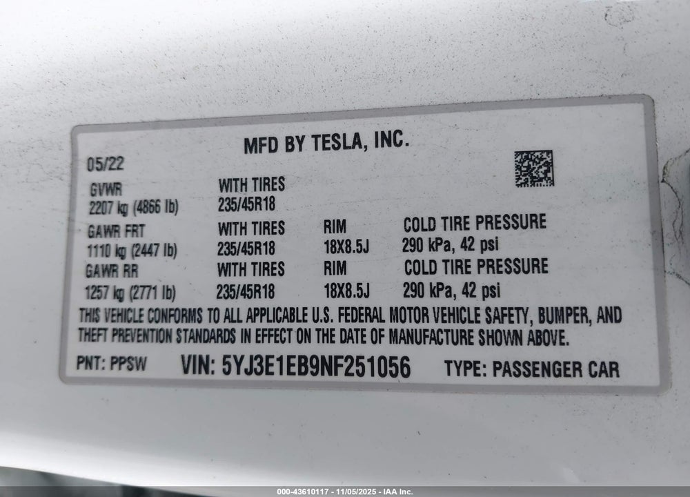 2022 TESLA MODEL 3 LONG RANGE DUAL MOTOR ALL-WHEEL DRIVE VIN: 5YJ3E1EB9NF251056
