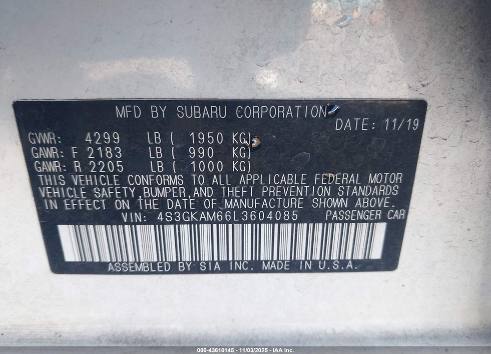 2020 SUBARU IMPREZA SPORT VIN: 4S3GKAM66L3604085