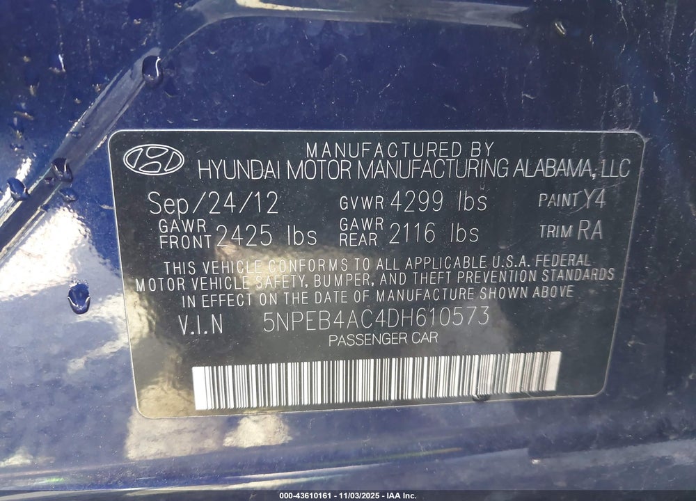2013 HYUNDAI SONATA GLS VIN: 5NPEB4AC4DH610573