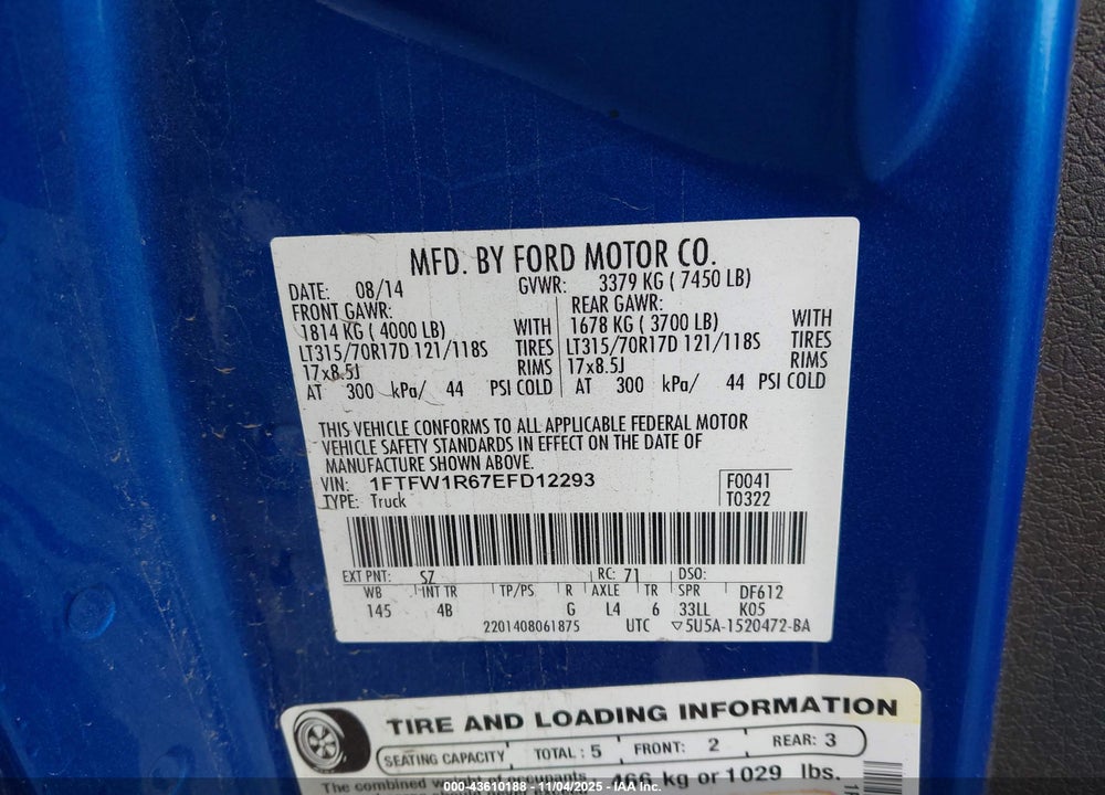 2014 FORD F-150 SVT RAPTOR VIN: 1FTFW1R67EFD12293