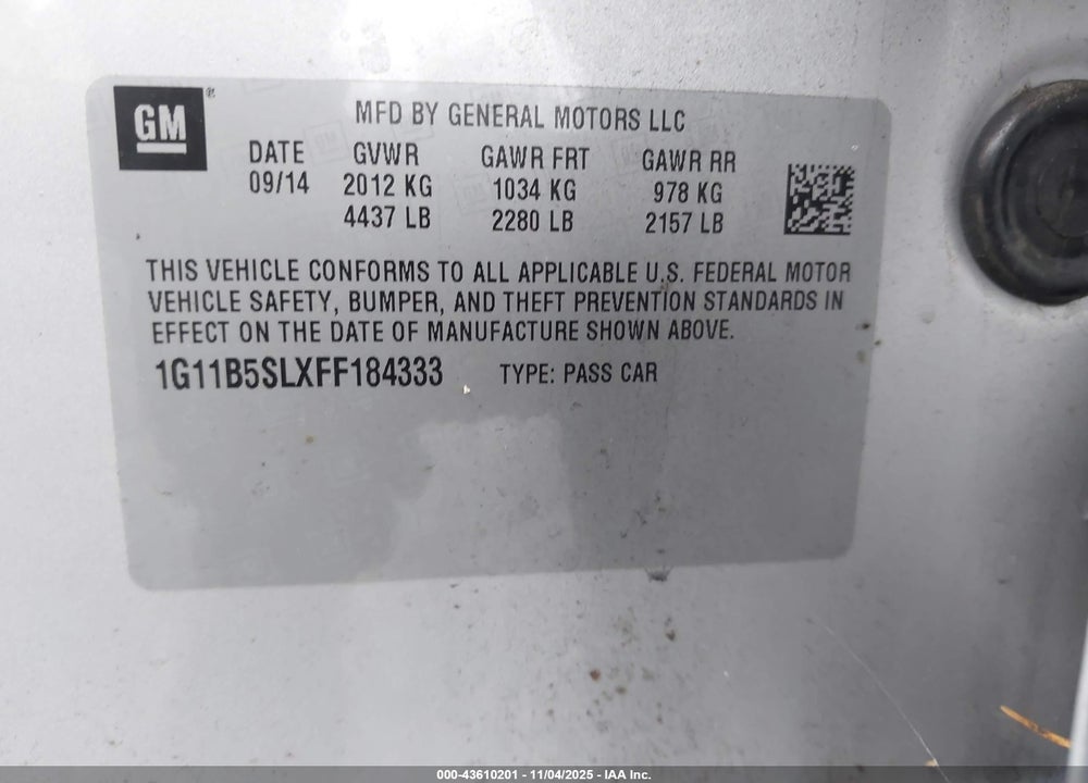 2015 CHEVROLET MALIBU VIN: 1G11B5SLXFF184333