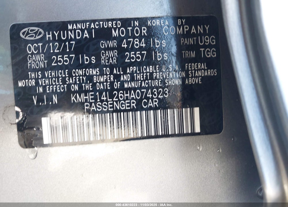 2017 HYUNDAI SONATA PLUG-IN HYBRID VIN: KMHE14L26HA074323