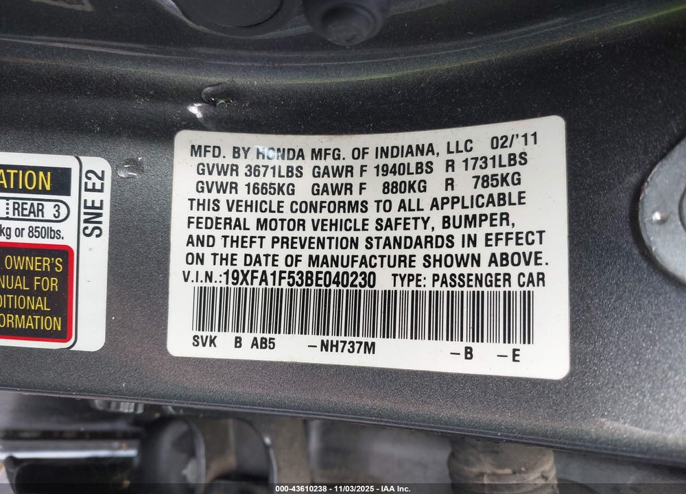2011 HONDA CIVIC LX VIN: 19XFA1F53BE040230